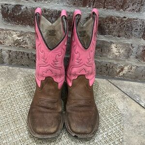 Old West Brown Pink Brown Leather Western Cowgirl Boots Youth SZ 1.0 Square Toe
